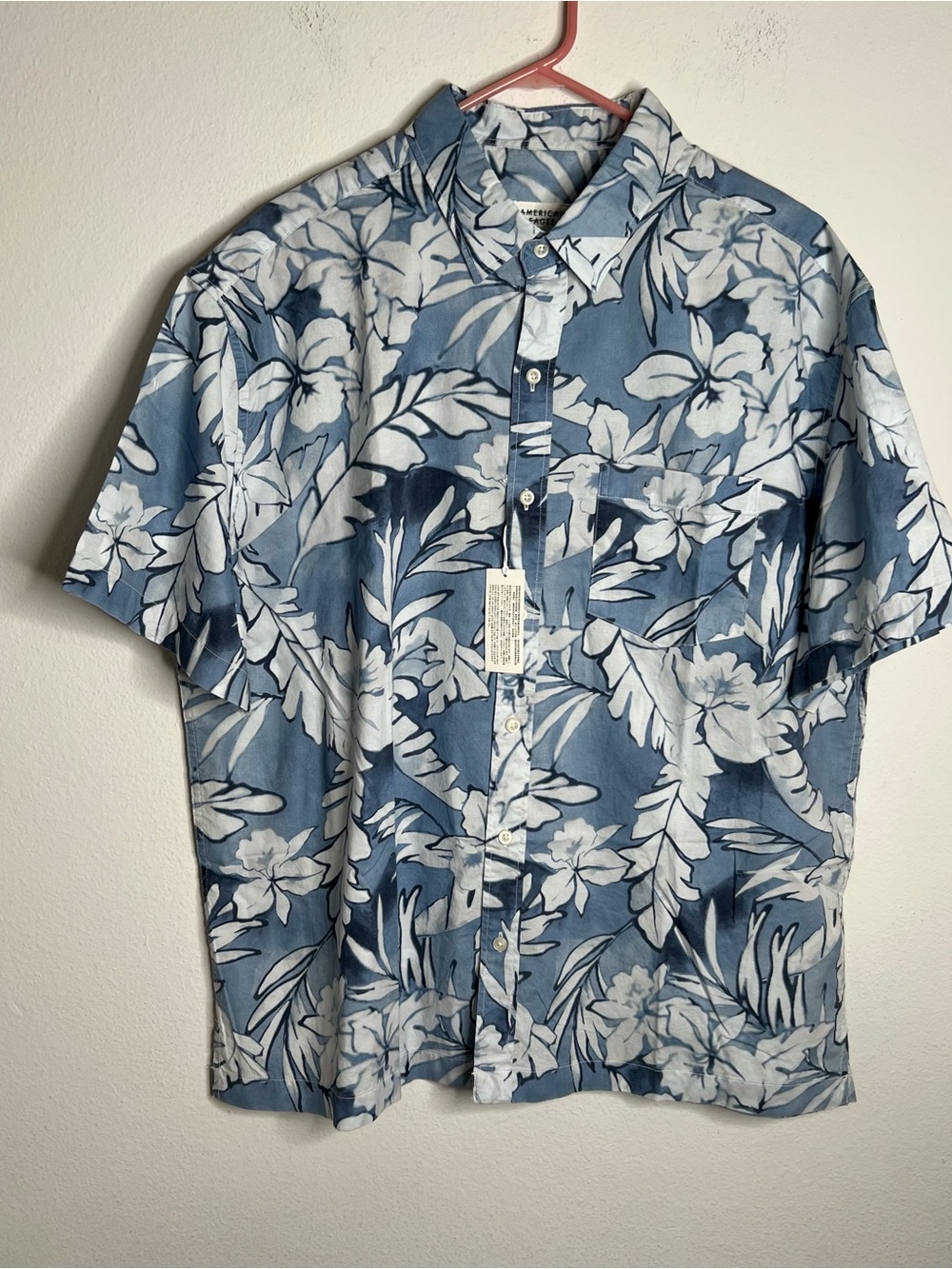 American Eagle Relaxed Fit Shirt Mens Large Blue Button Up Floral Short Sleeve